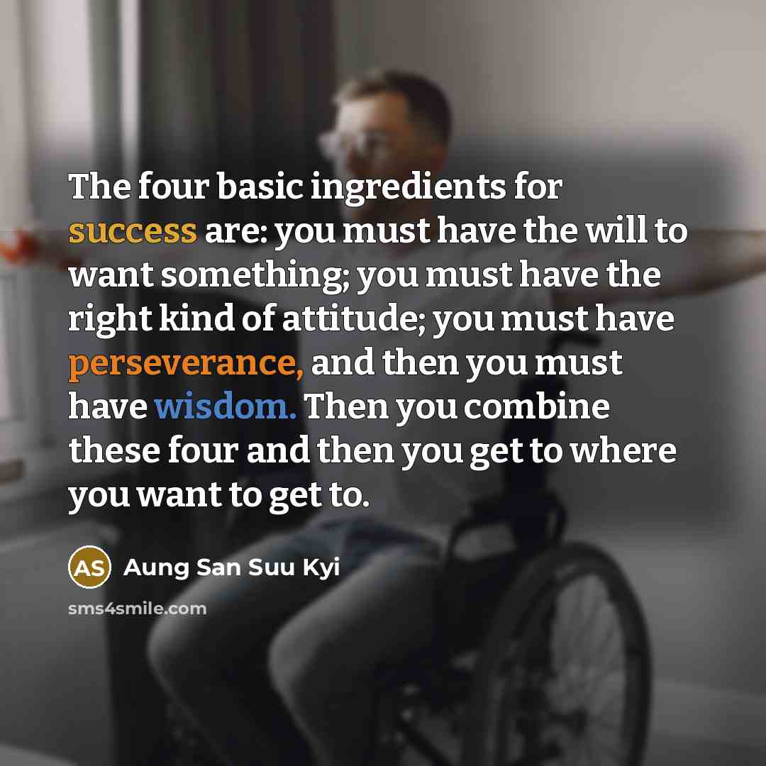 “The four basic ingredients for success are: you must have the will to want something; you must have the right kind of attitude; you must have perseverance, and then you must have wisdom. Then you combine these four and then you get to where you want to get to.” quote by Aung San Suu Kyi
