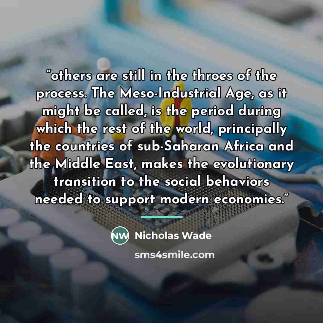 “others are still in the throes of the process. The Meso-Industrial Age, as it might be called, is the period during which the rest of the world, principally the countries of sub-Saharan Africa and the Middle East, makes the evolutionary transition to the social behaviors needed to support modern…” quote by Nicholas Wade
