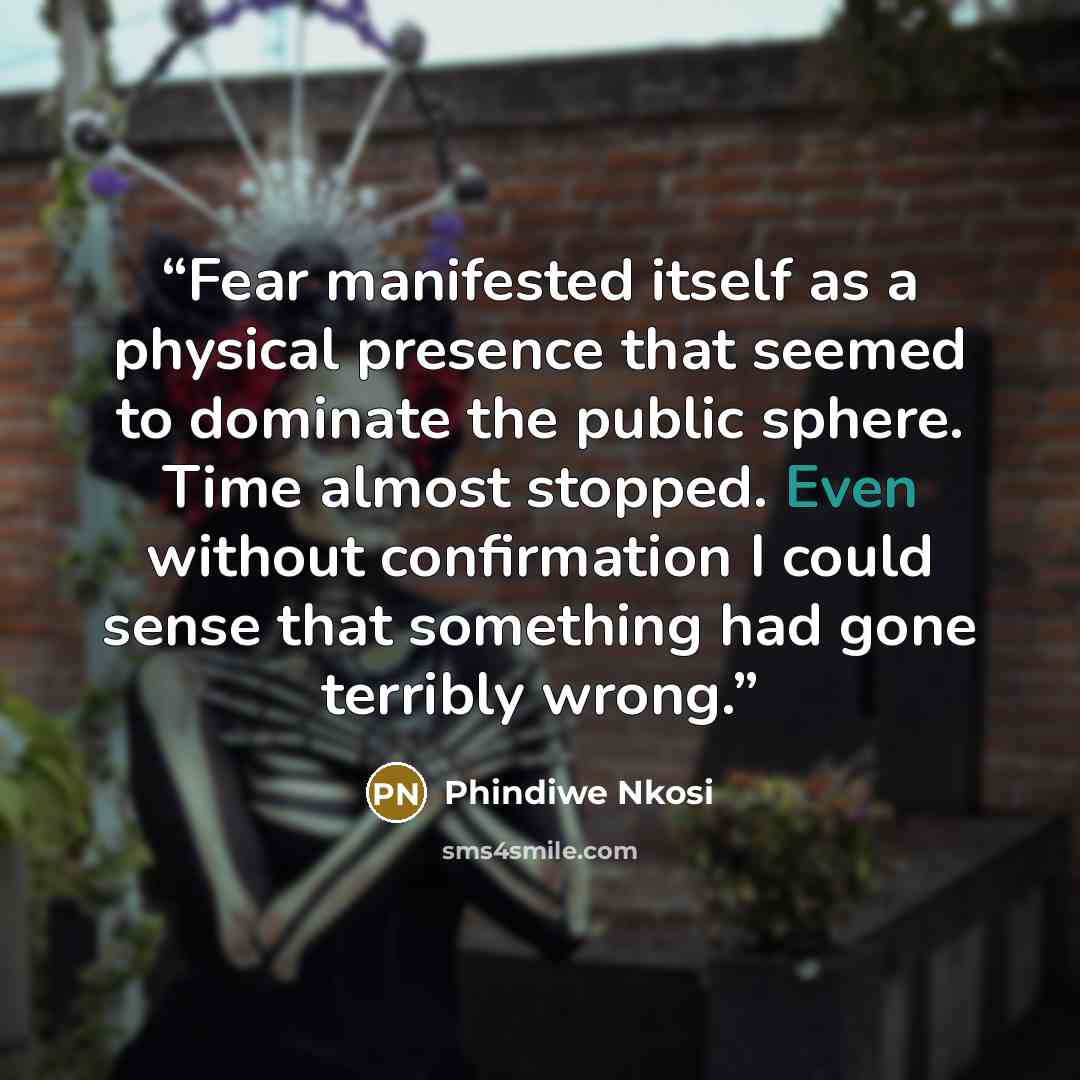 “Fear manifested itself as a physical presence that seemed to dominate the public sphere. Time almost stopped. Even without confirmation I could sense that something had gone terribly wrong.” quote by Phindiwe Nkosi