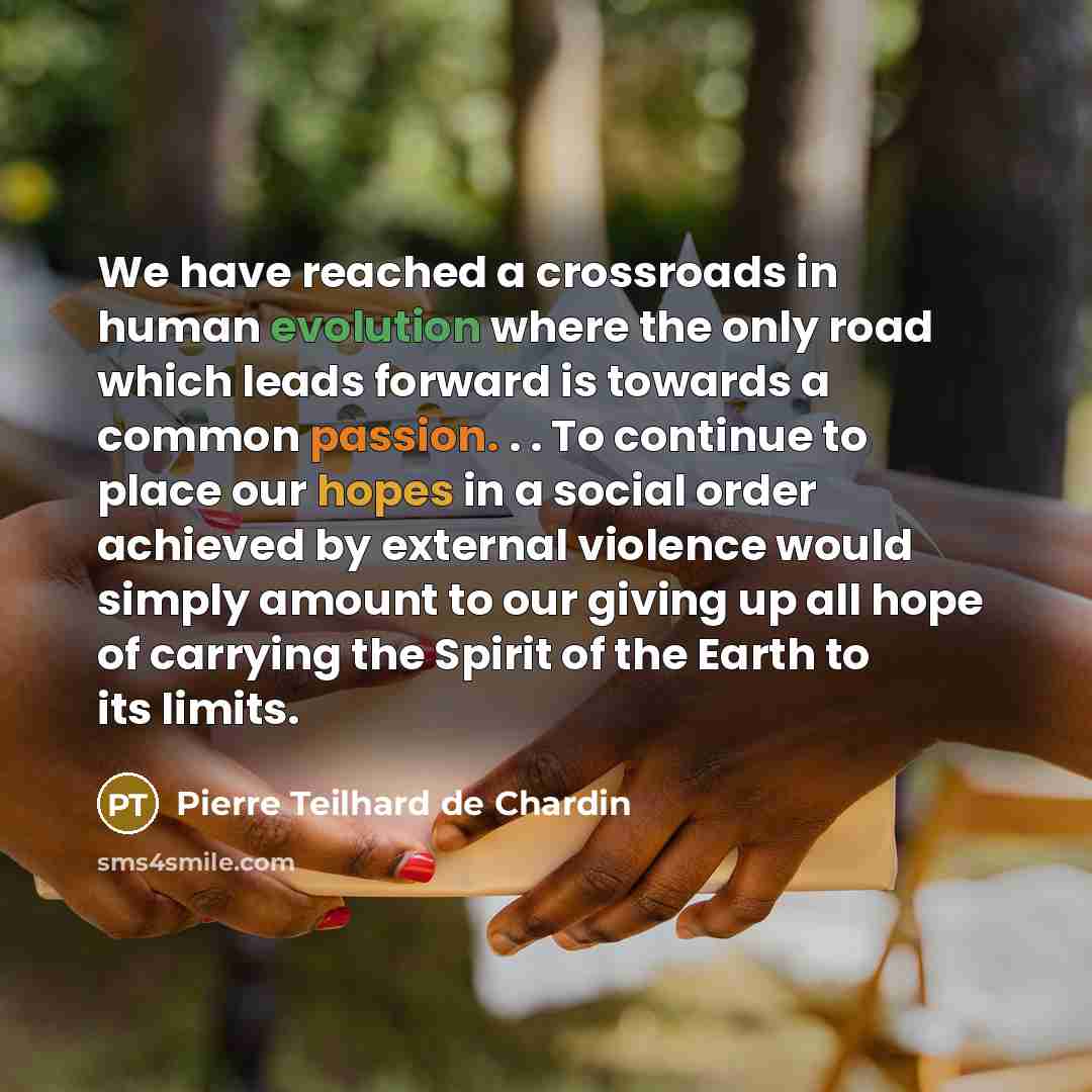 “We have reached a crossroads in human evolution where the only road which leads forward is towards a common passion. . . To continue to place our hopes in a social order achieved by external violence would simply amount to our giving up all hope of carrying the Spirit of the Earth to its limits.” quote by Pierre Teilhard de Chardin
