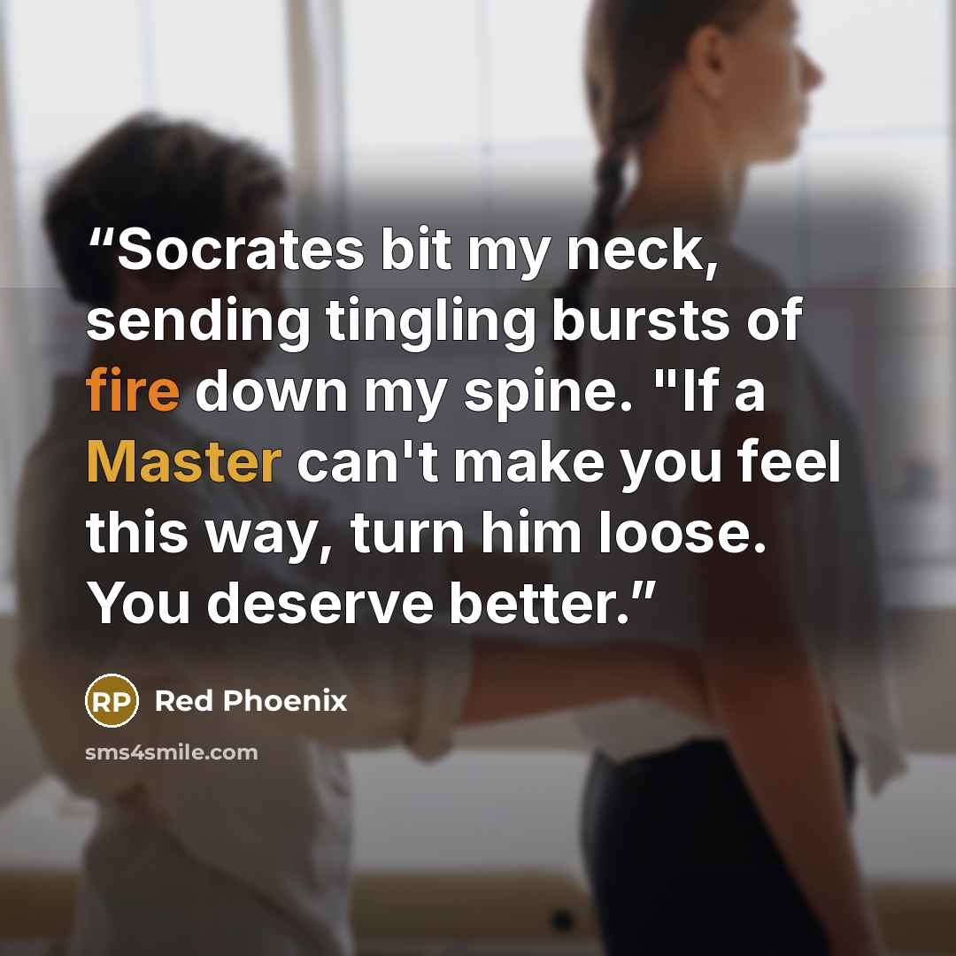 “Socrates bit my neck, sending tingling bursts of fire down my spine. "If a Master can't make you feel this way, turn him loose. You deserve better.” quote by Red Phoenix