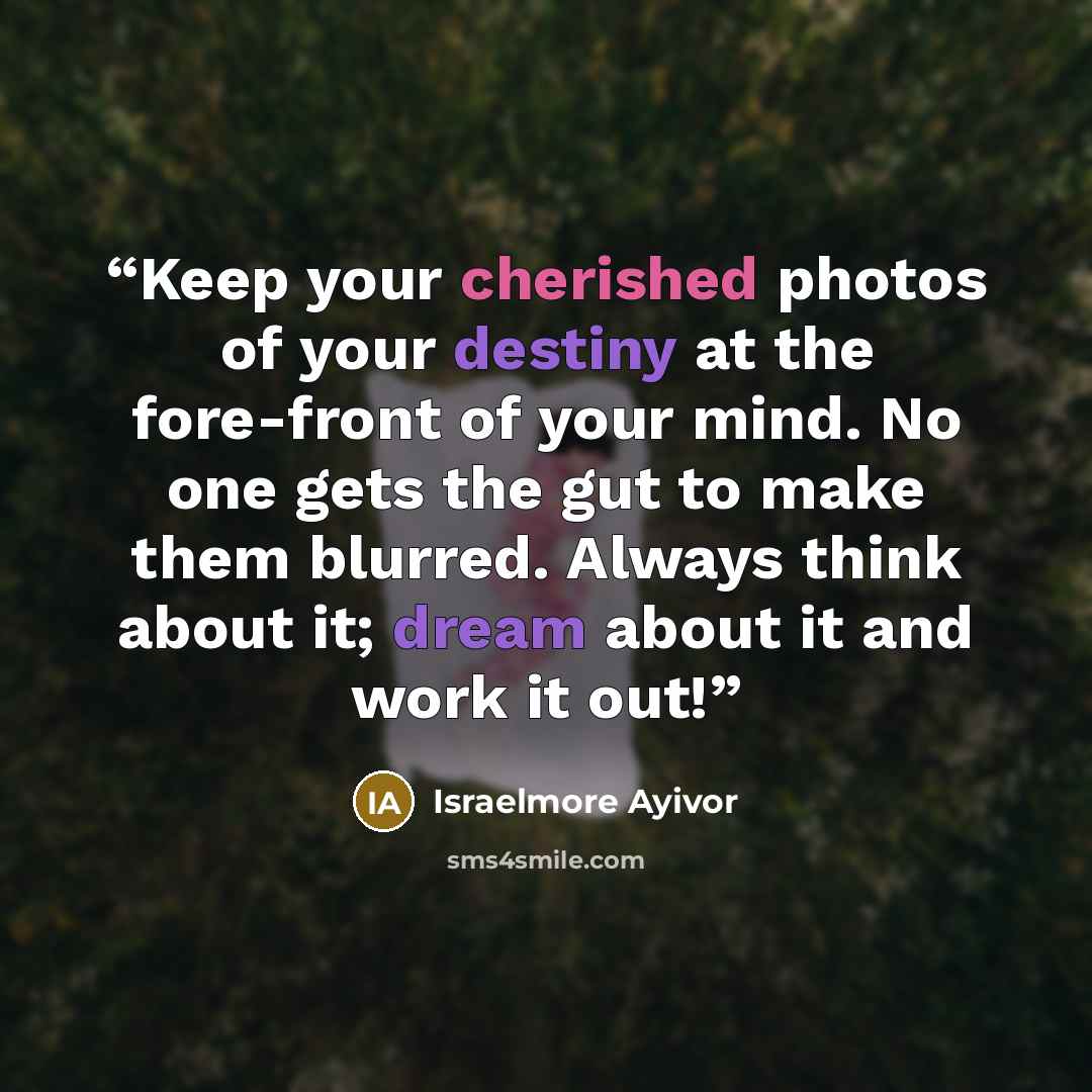 “Keep your cherished photos of your destiny at the fore-front of your mind. No one gets the gut to make them blurred. Always think about it; dream about it and work it out!” quote by Israelmore Ayivor