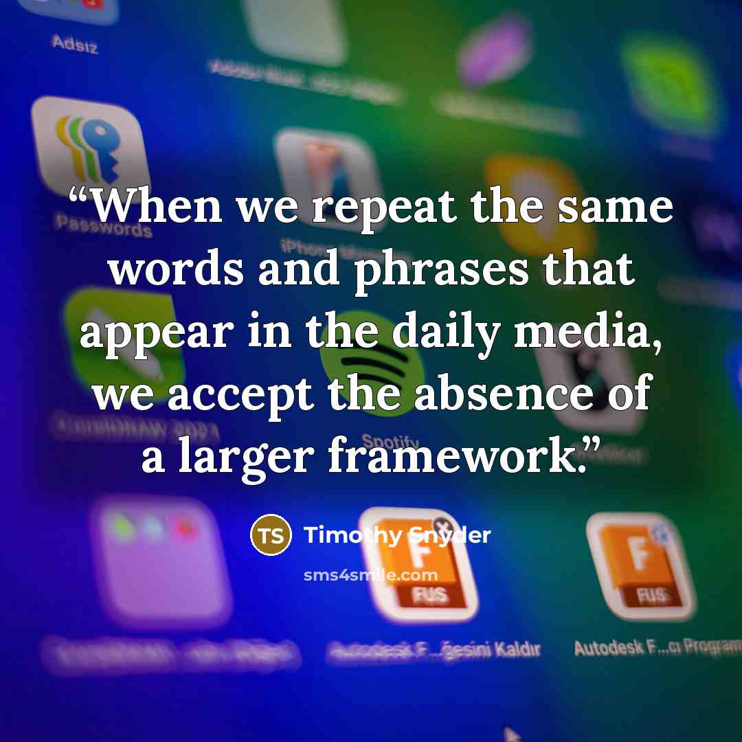 “When we repeat the same words and phrases that appear in the daily media, we accept the absence of a larger framework.” quote by Timothy Snyder