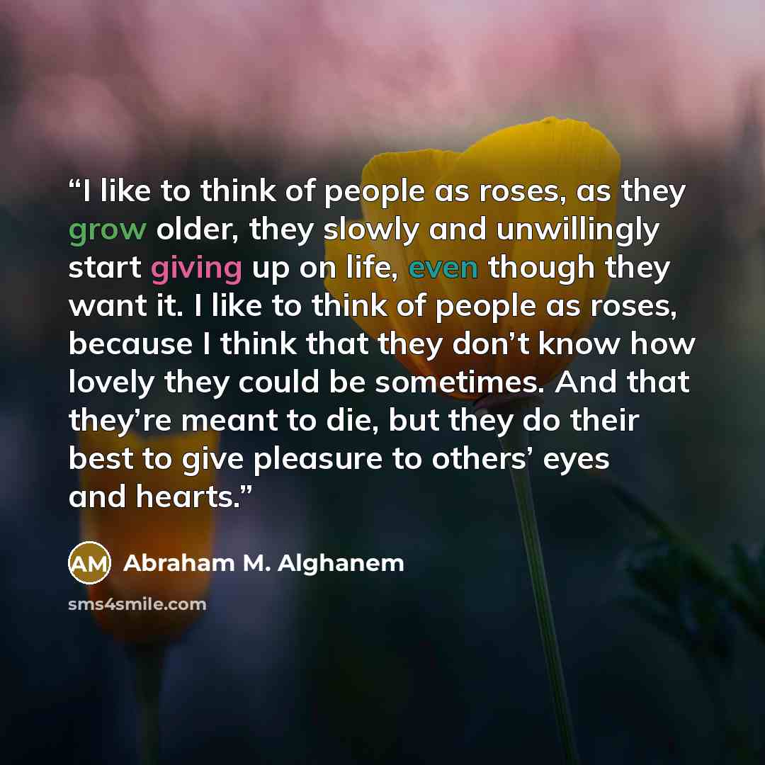 “I like to think of people as roses, as they grow older, they slowly and unwillingly start giving up on life, even though they want it. I like to think of people as roses, because I think that they don’t know how lovely they could be sometimes. And that they’re meant to die, but they do their best…” quote by Abraham M. Alghanem