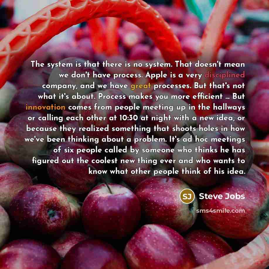 “The system is that there is no system. That doesn't mean we don't have process. Apple is a very disciplined company, and we have great processes. But that's not what it's about. Process makes you more efficient ... But innovation comes from people meeting up in the hallways or calling each other…” quote by Steve Jobs