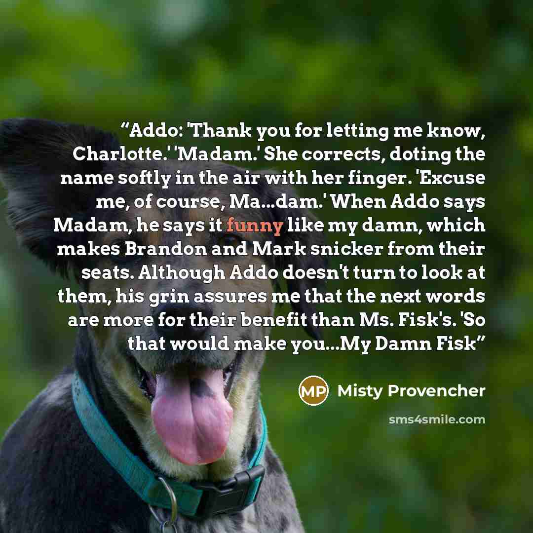 “Addo: 'Thank you for letting me know, Charlotte.' 'Madam.' She corrects, doting the name softly in the air with her finger. 'Excuse me, of course, Ma...dam.' When Addo says Madam, he says it funny like my damn, which makes Brandon and Mark snicker from their seats. Although Addo doesn't turn to…” quote by Misty Provencher