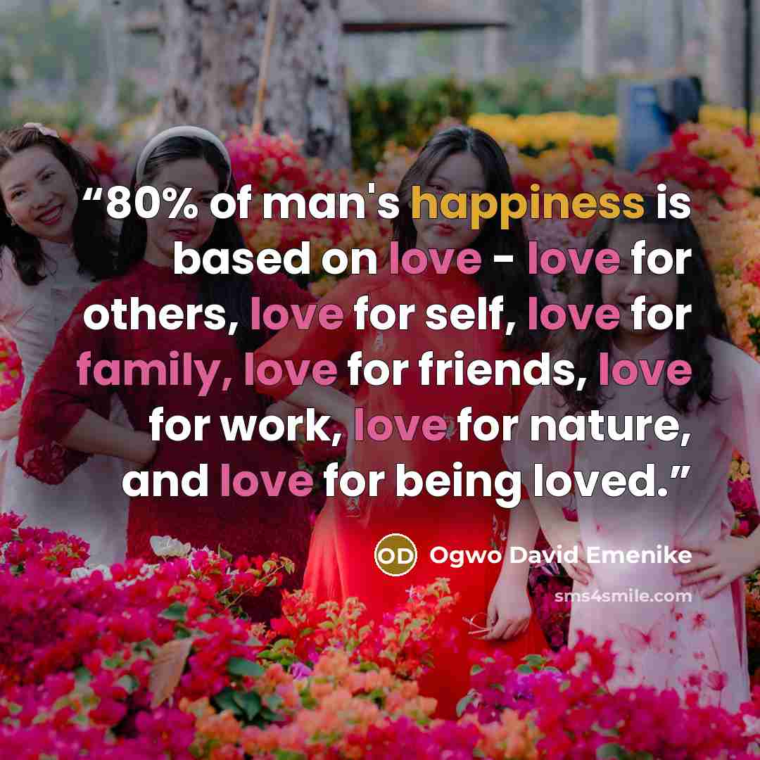 “80% of man's happiness is based on love - love for others, love for self, love for family, love for friends, love for work, love for nature, and love for being loved.” quote by Ogwo David Emenike