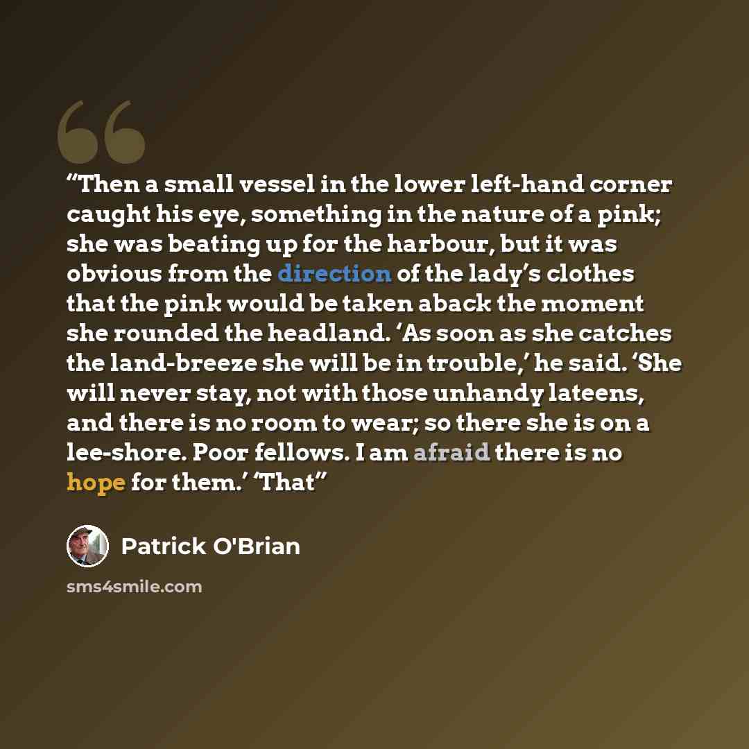 “Then a small vessel in the lower left-hand corner caught his eye, something in the nature of a pink; she was beating up for the harbour, but it was obvious from the direction of the lady’s clothes that the pink would be taken aback the moment she rounded the headland. ‘As soon as she catches the…” quote by Patrick O'Brian