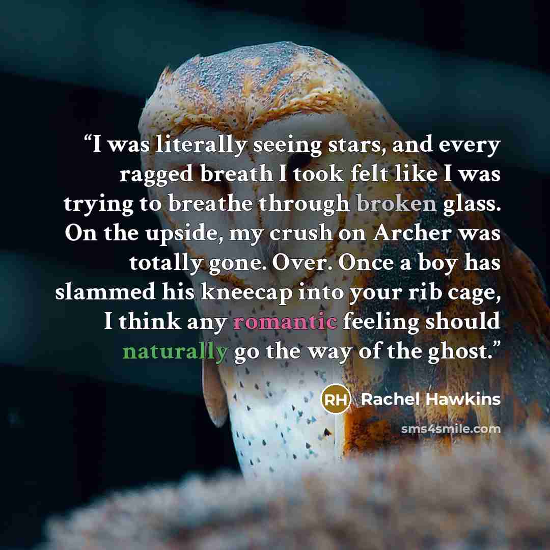 “I was literally seeing stars, and every ragged breath I took felt like I was trying to breathe through broken glass. On the upside, my crush on Archer was totally gone. Over. Once a boy has slammed his kneecap into your rib cage, I think any romantic feeling should naturally go the way of the ghost.” quote by Rachel Hawkins