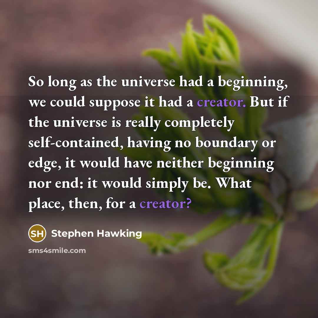 “So long as the universe had a beginning, we could suppose it had a creator. But if the universe is really completely self-contained, having no boundary or edge, it would have neither beginning nor end: it would simply be. What place, then, for a creator?” quote by Stephen Hawking