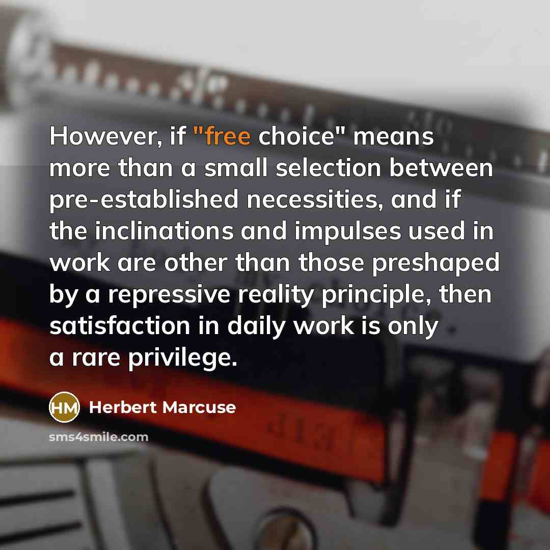 “However, if "free choice" means more than a small selection between pre-established necessities, and if the inclinations and impulses used in work are other than those preshaped by a repressive reality principle, then satisfaction in daily work is only a rare privilege.” quote by Herbert Marcuse