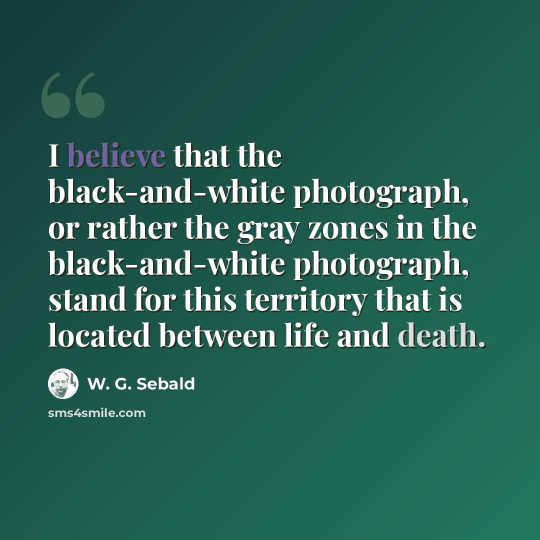 “I believe that the black-and-white photograph, or rather the gray zones in the black-and-white photograph, stand for this territory that is located between life and death.” quote by W. G. Sebald