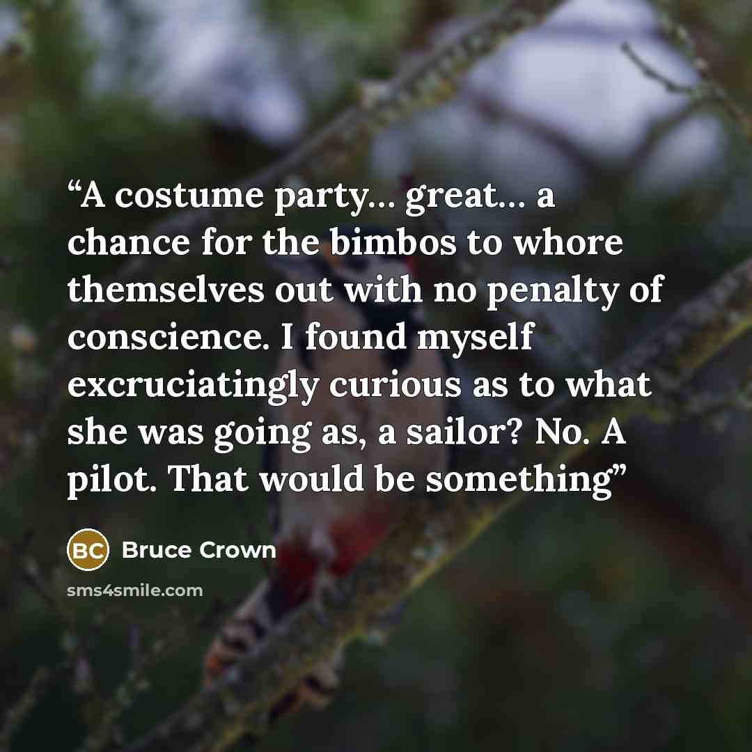 “A costume party… great… a chance for the bimbos to whore themselves out with no penalty of conscience. I found myself excruciatingly curious as to what she was going as, a sailor? No. A pilot. That would be something” quote by Bruce Crown