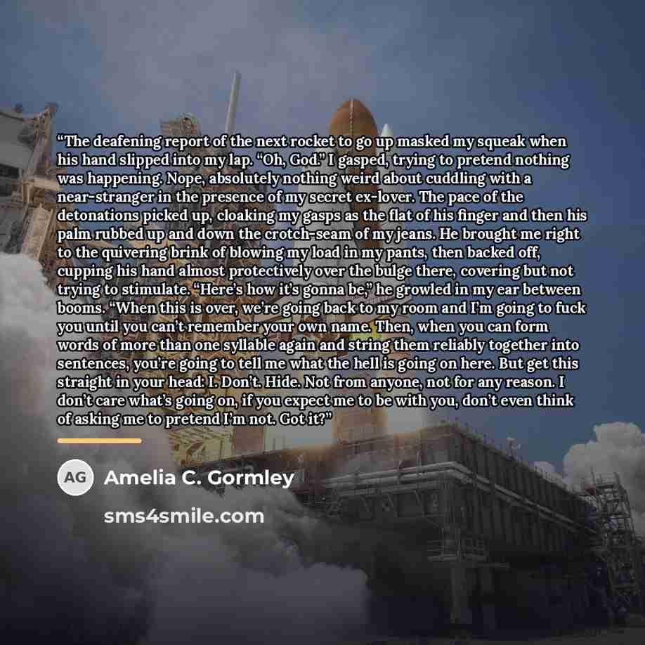 “The deafening report of the next rocket to go up masked my squeak when his hand slipped into my lap. “Oh, God.” I gasped, trying to pretend nothing was happening. Nope, absolutely nothing weird about cuddling with a near-stranger in the presence of my secret ex-lover. The pace of the detonations…” quote by Amelia C. Gormley
