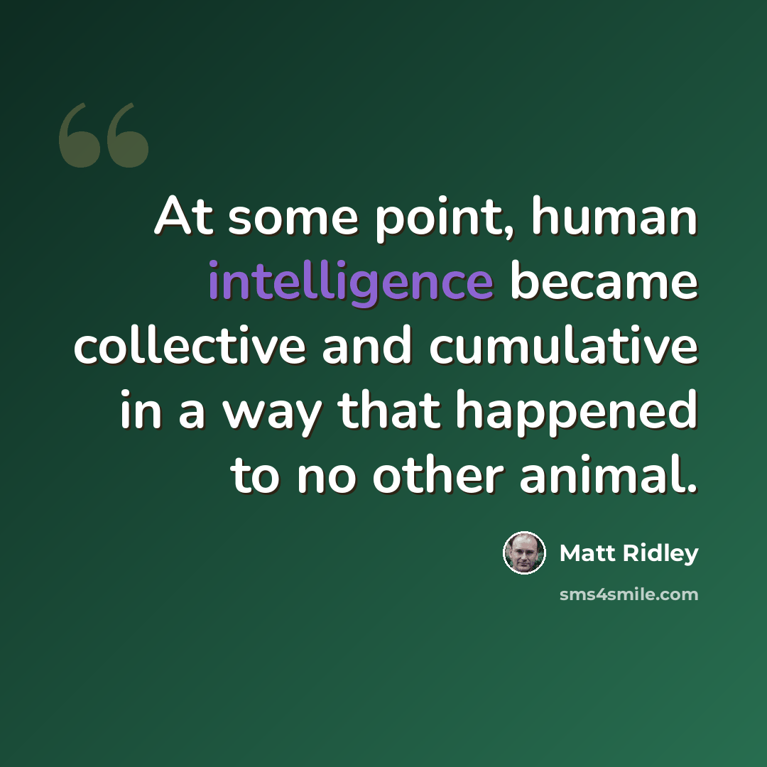 “At some point, human intelligence became collective and cumulative in a way that happened to no other animal.” quote by Matt Ridley