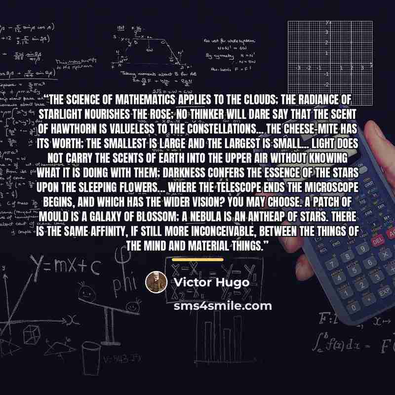 “The science of mathematics applies to the clouds; the radiance of starlight nourishes the rose; no thinker will dare say that the scent of hawthorn is valueless to the constellations... The cheese-mite has its worth; the smallest is large and the largest is small... Light does not carry the scents…” quote by Victor Hugo