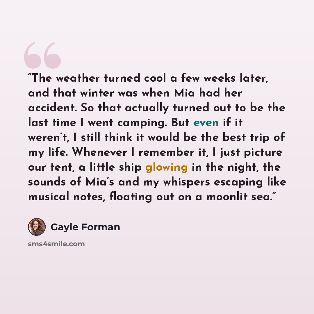 “The weather turned cool a few weeks later, and that winter was when Mia had her accident. So that actually turned out to be the last time I went camping. But even if it weren’t, I still think it would be the best trip of my life. Whenever I remember it, I just picture our tent, a little ship…” quote by Gayle Forman