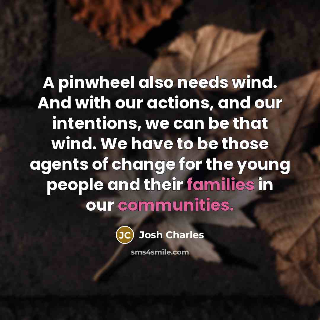 “A pinwheel also needs wind. And with our actions, and our intentions, we can be that wind. We have to be those agents of change for the young people and their families in our communities.” quote by Josh Charles