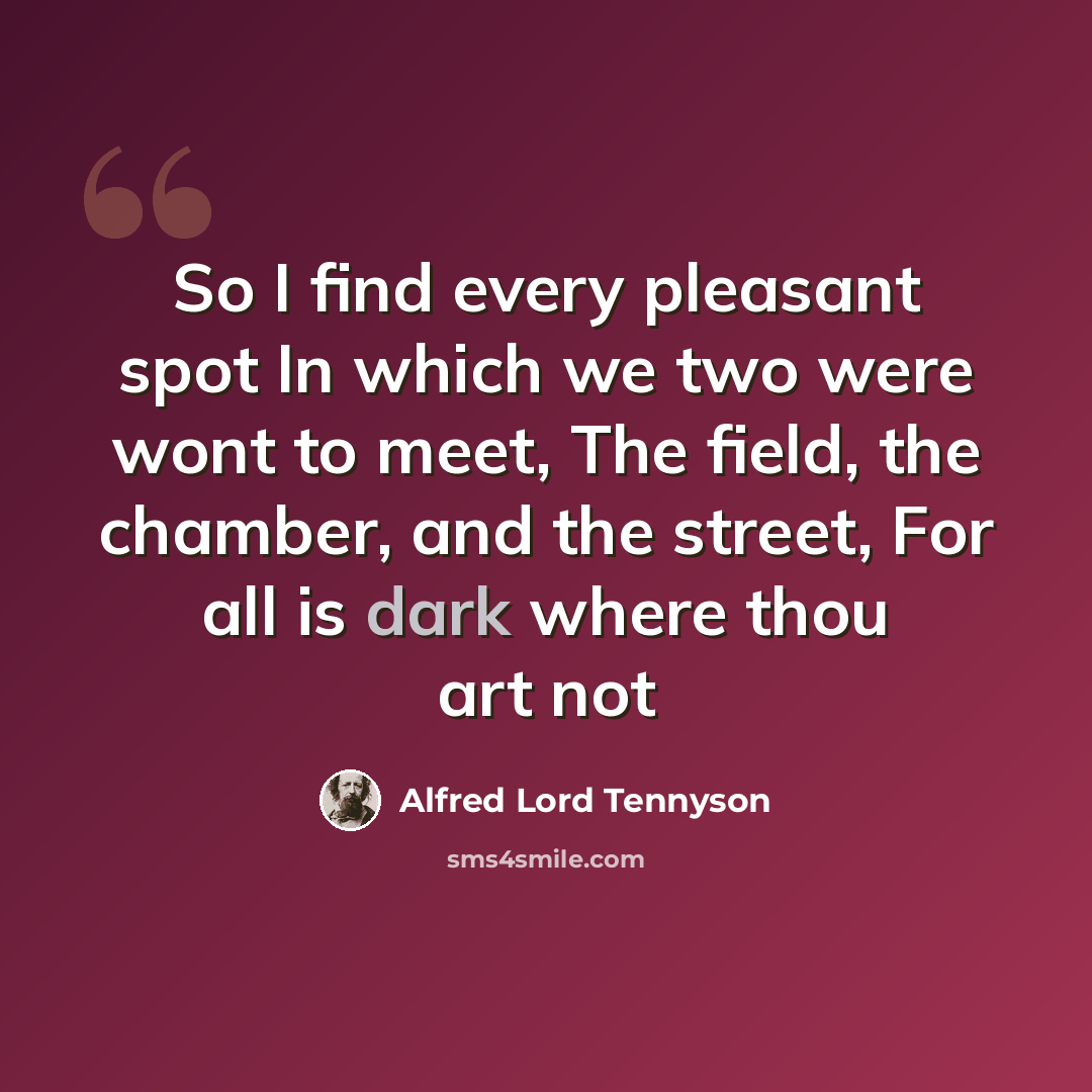 “So I find every pleasant spot In which we two were wont to meet, The field, the chamber, and the street, For all is dark where thou art not” quote by Alfred Lord Tennyson