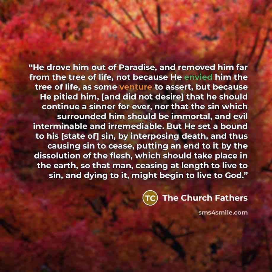 “He drove him out of Paradise, and removed him far from the tree of life, not because He envied him the tree of life, as some venture to assert, but because He pitied him, [and did not desire] that he should continue a sinner for ever, nor that the sin which surrounded him should be immortal, and…” quote by The Church Fathers