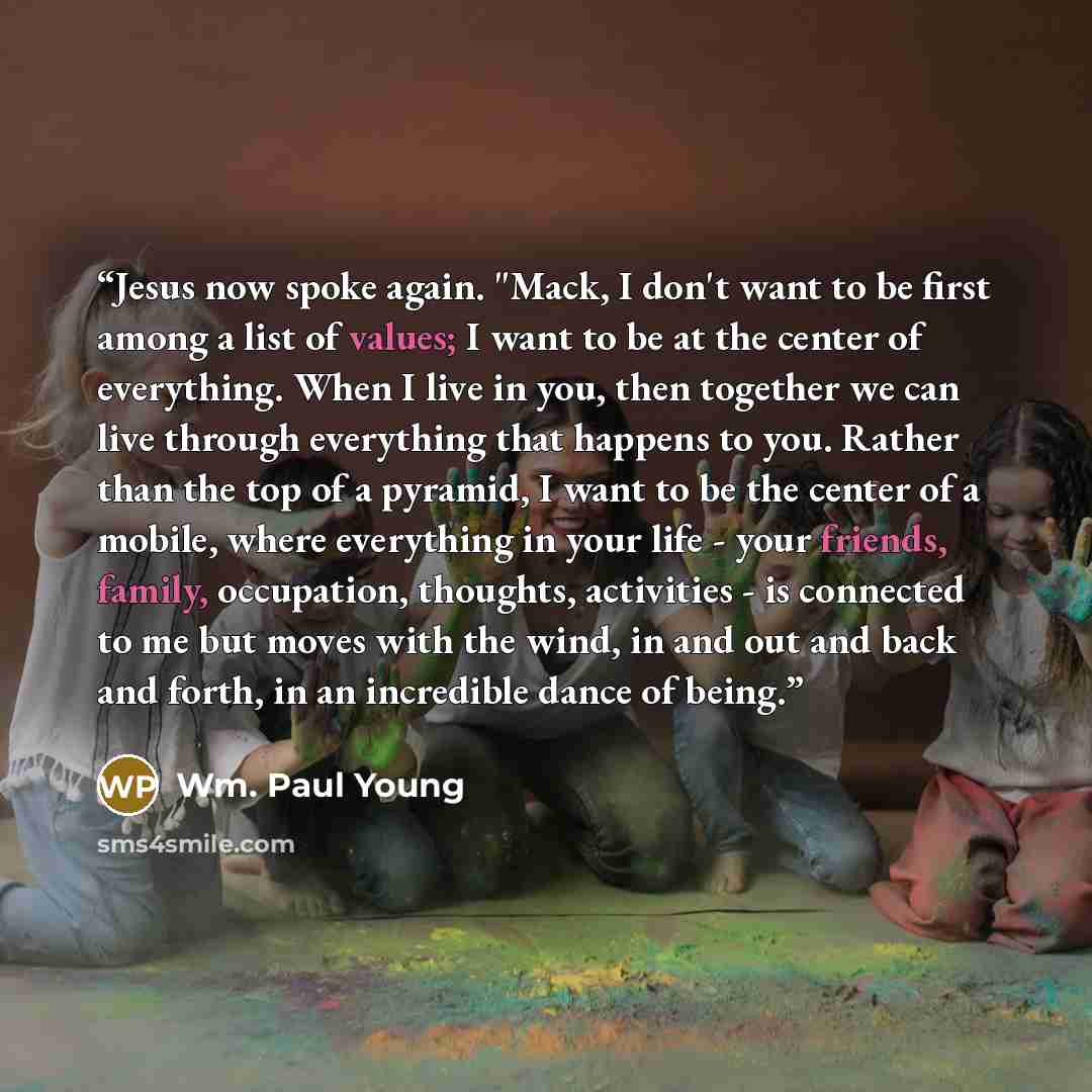 “Jesus now spoke again. "Mack, I don't want to be first among a list of values; I want to be at the center of everything. When I live in you, then together we can live through everything that happens to you. Rather than the top of a pyramid, I want to be the center of a mobile, where everything in…” quote by Wm. Paul Young