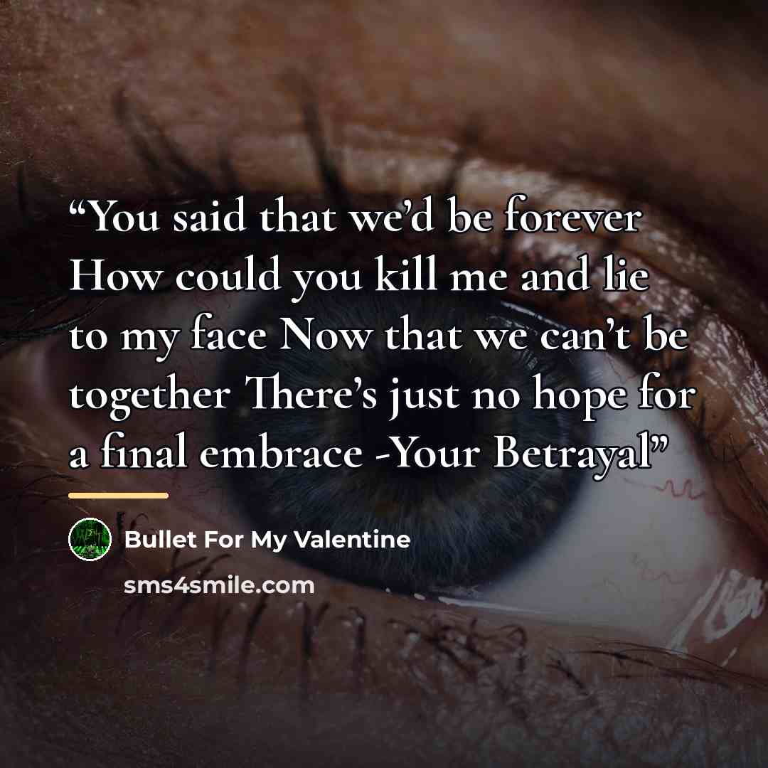 “You said that we’d be forever How could you kill me and lie to my face Now that we can’t be together There’s just no hope for a final embrace -Your Betrayal” quote by Bullet for My Valentine