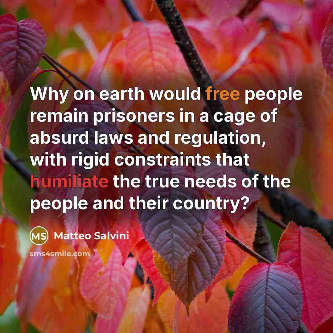 “Why on earth would free people remain prisoners in a cage of absurd laws and regulation, with rigid constraints that humiliate the true needs of the people and their country?” quote by Matteo Salvini