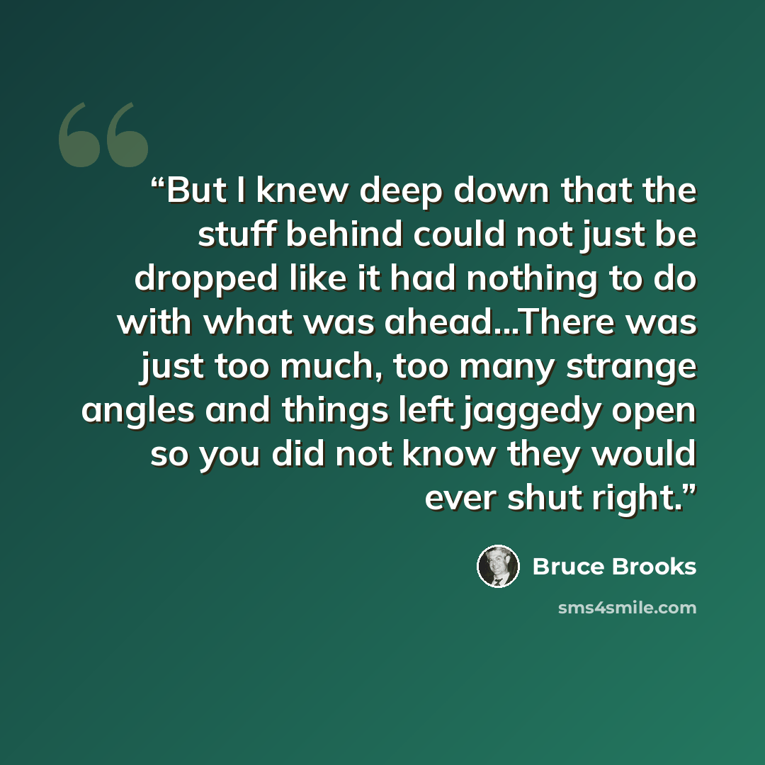 “But I knew deep down that the stuff behind could not just be dropped like it had nothing to do with what was ahead...There was just too much, too many strange angles and things left jaggedy open so you did not know they would ever shut right.” quote by Bruce Brooks