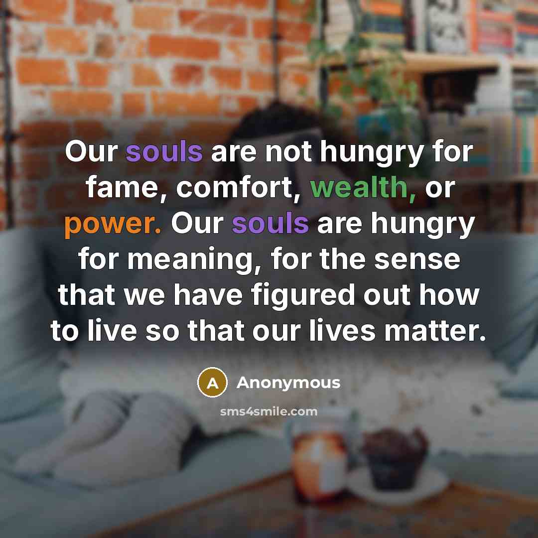 “Our souls are not hungry for fame, comfort, wealth, or power. Our souls are hungry for meaning, for the sense that we have figured out how to live so that our lives matter.” quote by Anonymous