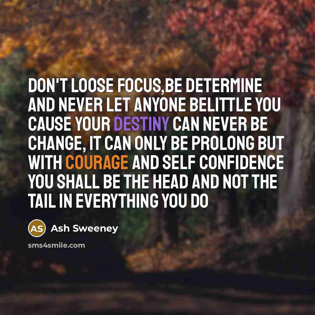 “Don't loose Focus,Be determine and never let anyone Belittle you cause your destiny can never be change, it can only be prolong but with courage and self confidence you shall be the HEAD and not the Tail in everything you do” quote by Ash Sweeney