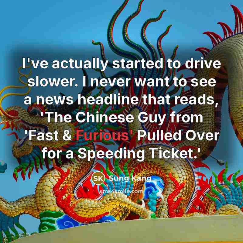 “I've actually started to drive slower. I never want to see a news headline that reads, 'The Chinese Guy from 'Fast & Furious' Pulled Over for a Speeding Ticket.'” quote by Sung Kang
