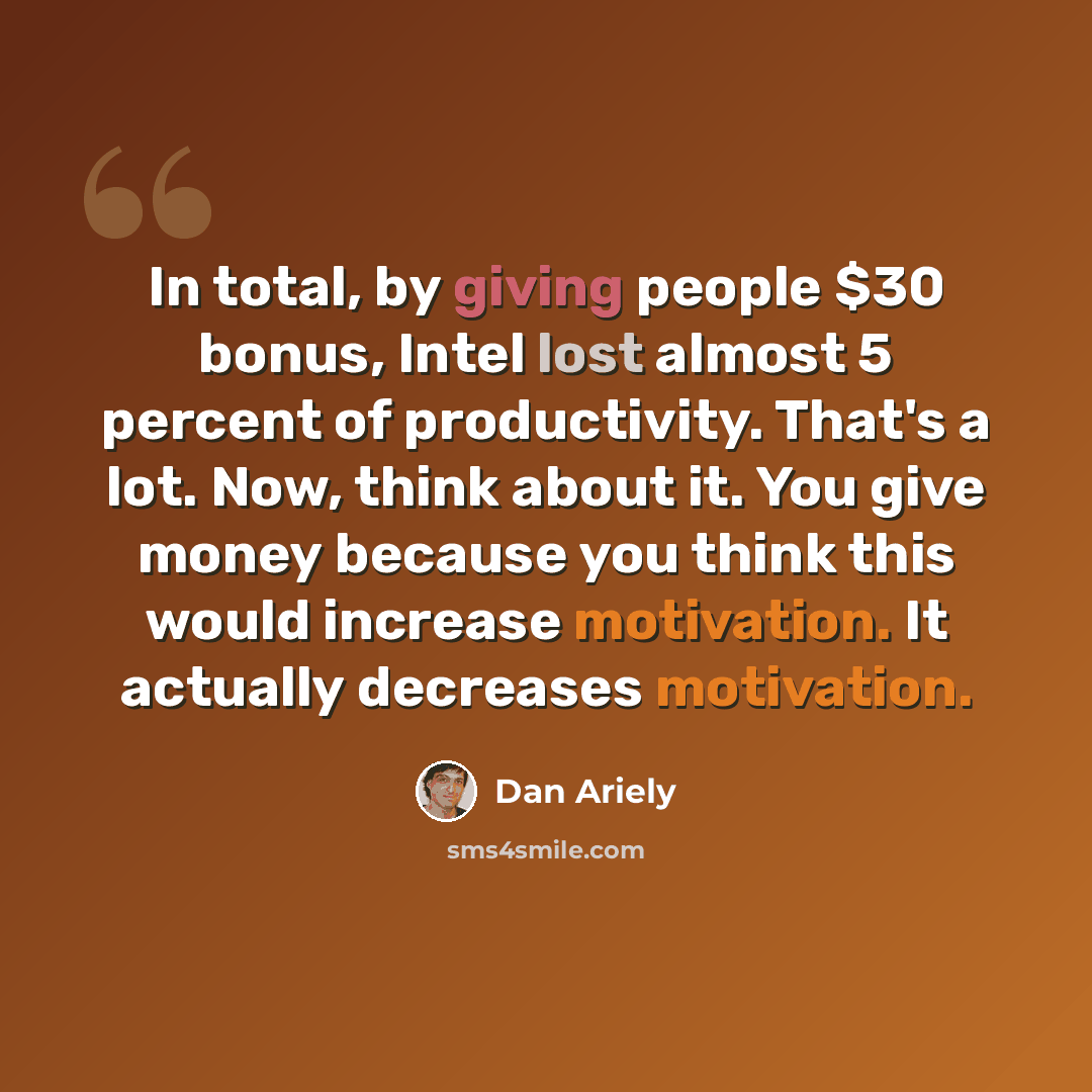“In total, by giving people $30 bonus, Intel lost almost 5 percent of productivity. That's a lot. Now, think about it. You give money because you think this would increase motivation. It actually decreases motivation.” quote by Dan Ariely