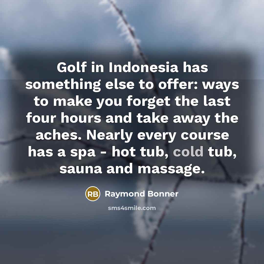 “Golf in Indonesia has something else to offer: ways to make you forget the last four hours and take away the aches. Nearly every course has a spa - hot tub, cold tub, sauna and massage.” quote by Raymond Bonner