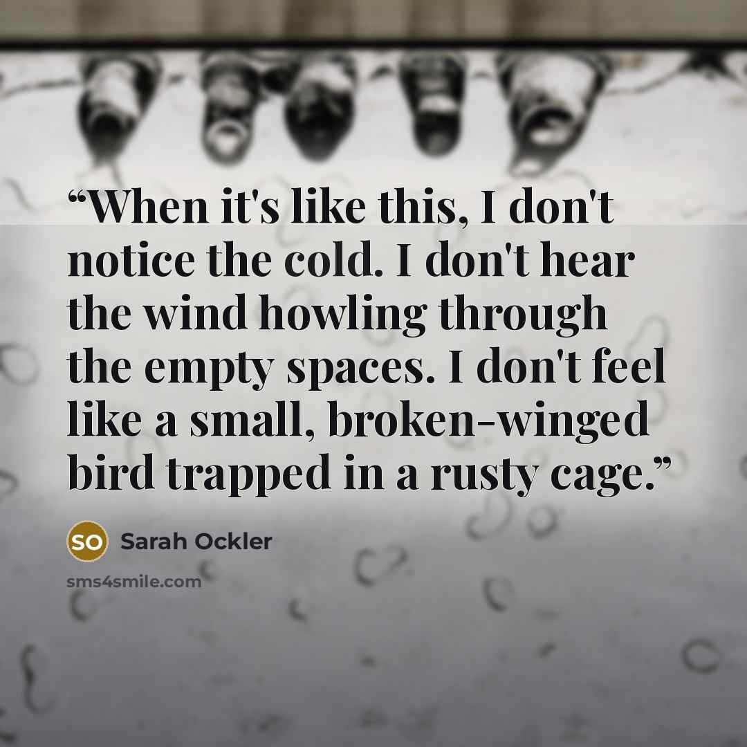 “When it's like this, I don't notice the cold. I don't hear the wind howling through the empty spaces. I don't feel like a small, broken-winged bird trapped in a rusty cage.” quote by Sarah Ockler