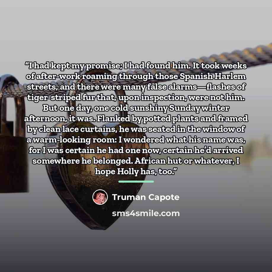 “I had kept my promise; I had found him. It took weeks of after-work roaming through those Spanish Harlem streets, and there were many false alarms—flashes of tiger-striped fur that, upon inspection, were not him. But one day, one cold sunshiny Sunday winter afternoon, it was. Flanked by potted…” quote by Truman Capote