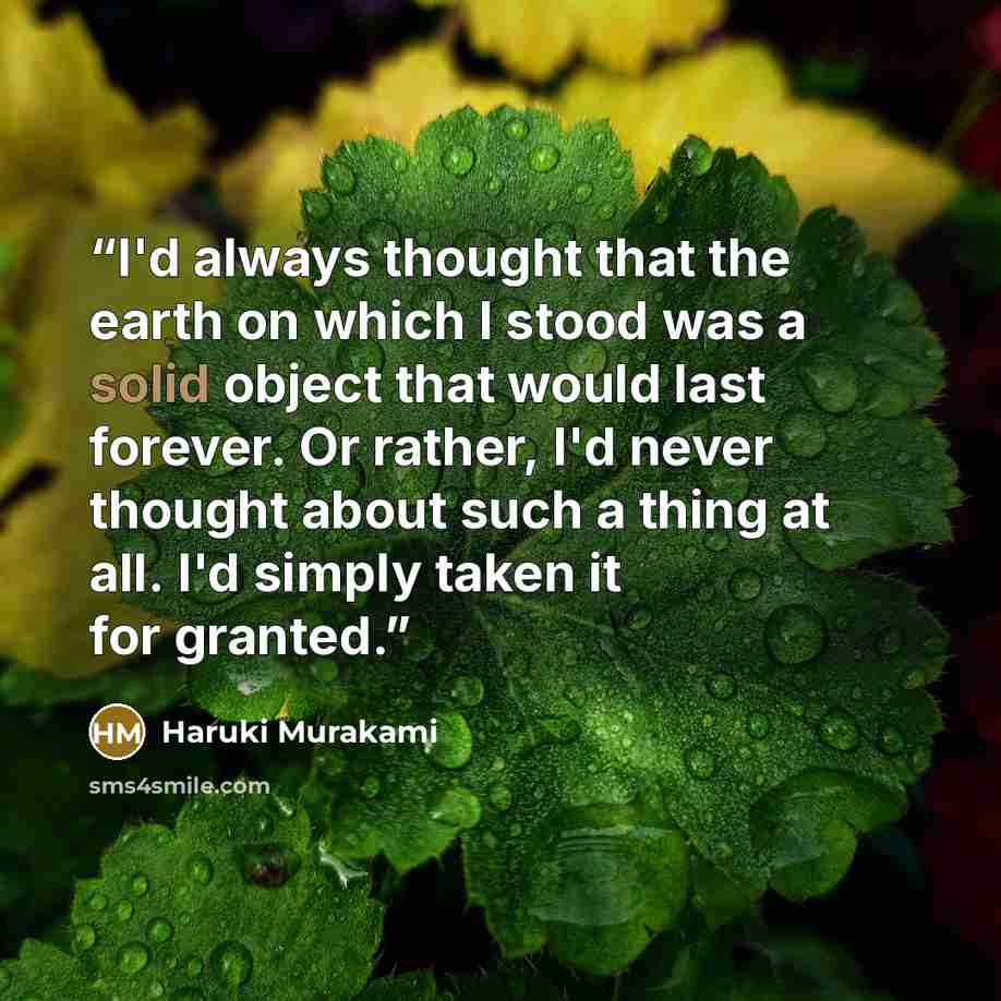 “I'd always thought that the earth on which I stood was a solid object that would last forever. Or rather, I'd never thought about such a thing at all. I'd simply taken it for granted.” quote by Haruki Murakami