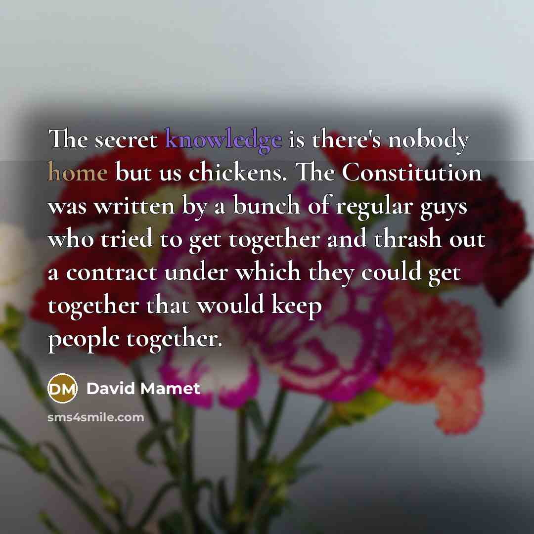 “The secret knowledge is there's nobody home but us chickens. The Constitution was written by a bunch of regular guys who tried to get together and thrash out a contract under which they could get together that would keep people together.” quote by David Mamet