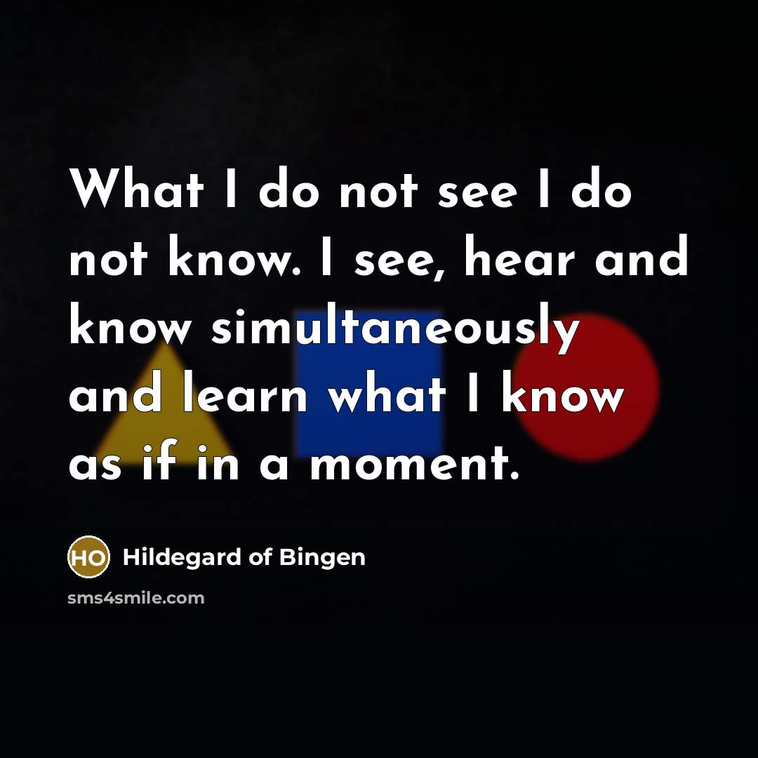 “What I do not see I do not know. I see, hear and know simultaneously and learn what I know as if in a moment.” quote by Hildegard of Bingen