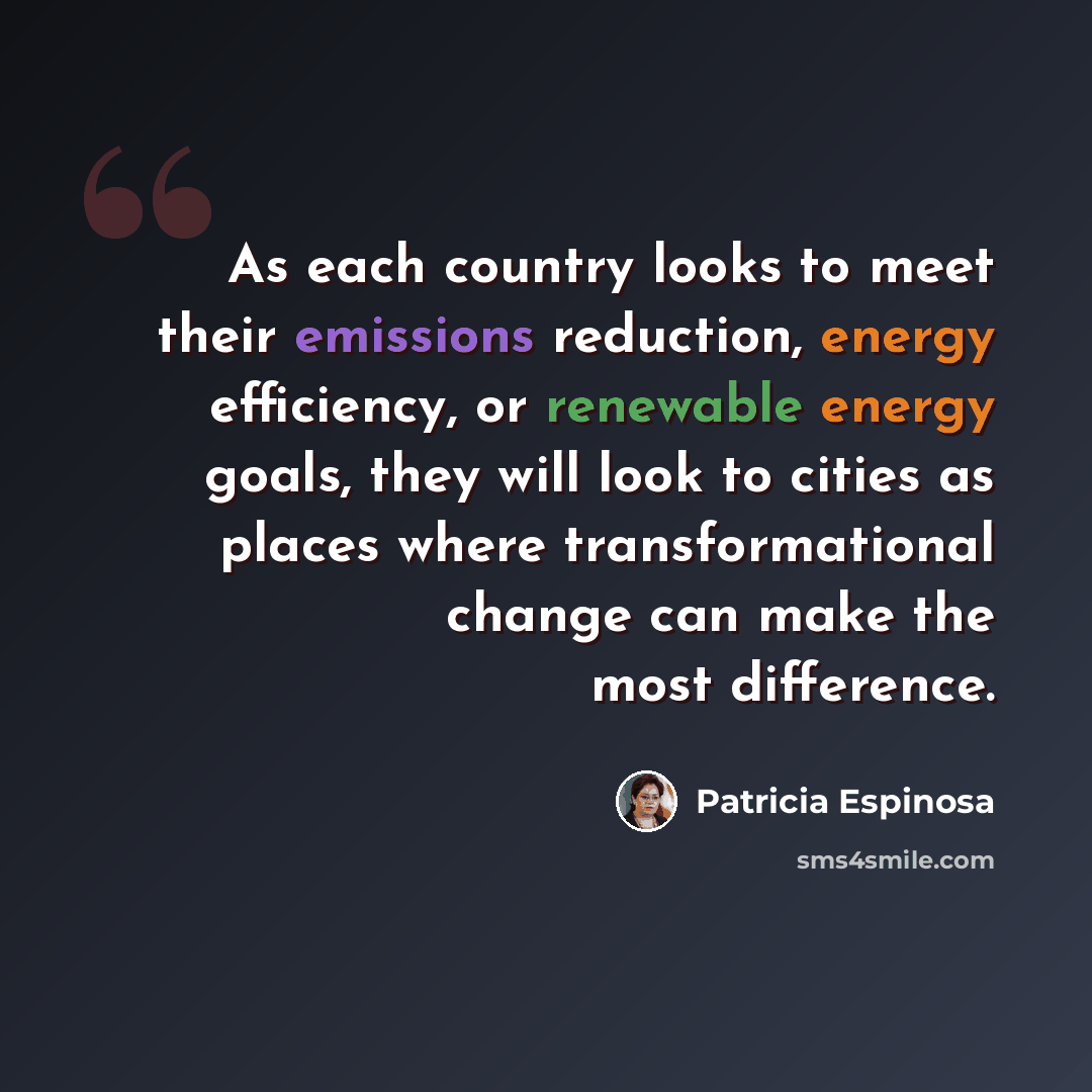 “As each country looks to meet their emissions reduction, energy efficiency, or renewable energy goals, they will look to cities as places where transformational change can make the most difference.” quote by Patricia Espinosa