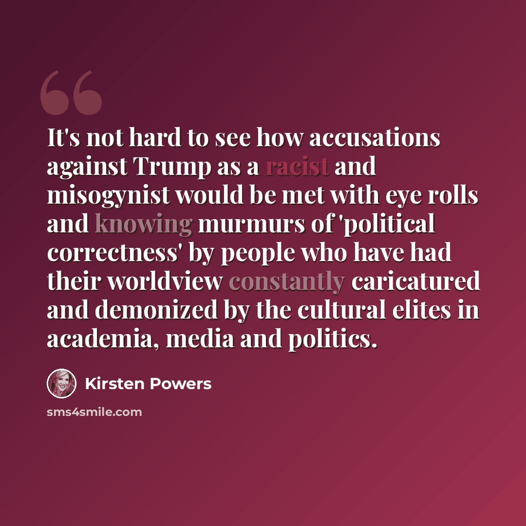 “It's not hard to see how accusations against Trump as a racist and misogynist would be met with eye rolls and knowing murmurs of 'political correctness' by people who have had their worldview constantly caricatured and demonized by the cultural elites in academia, media and politics.” quote by Kirsten Powers