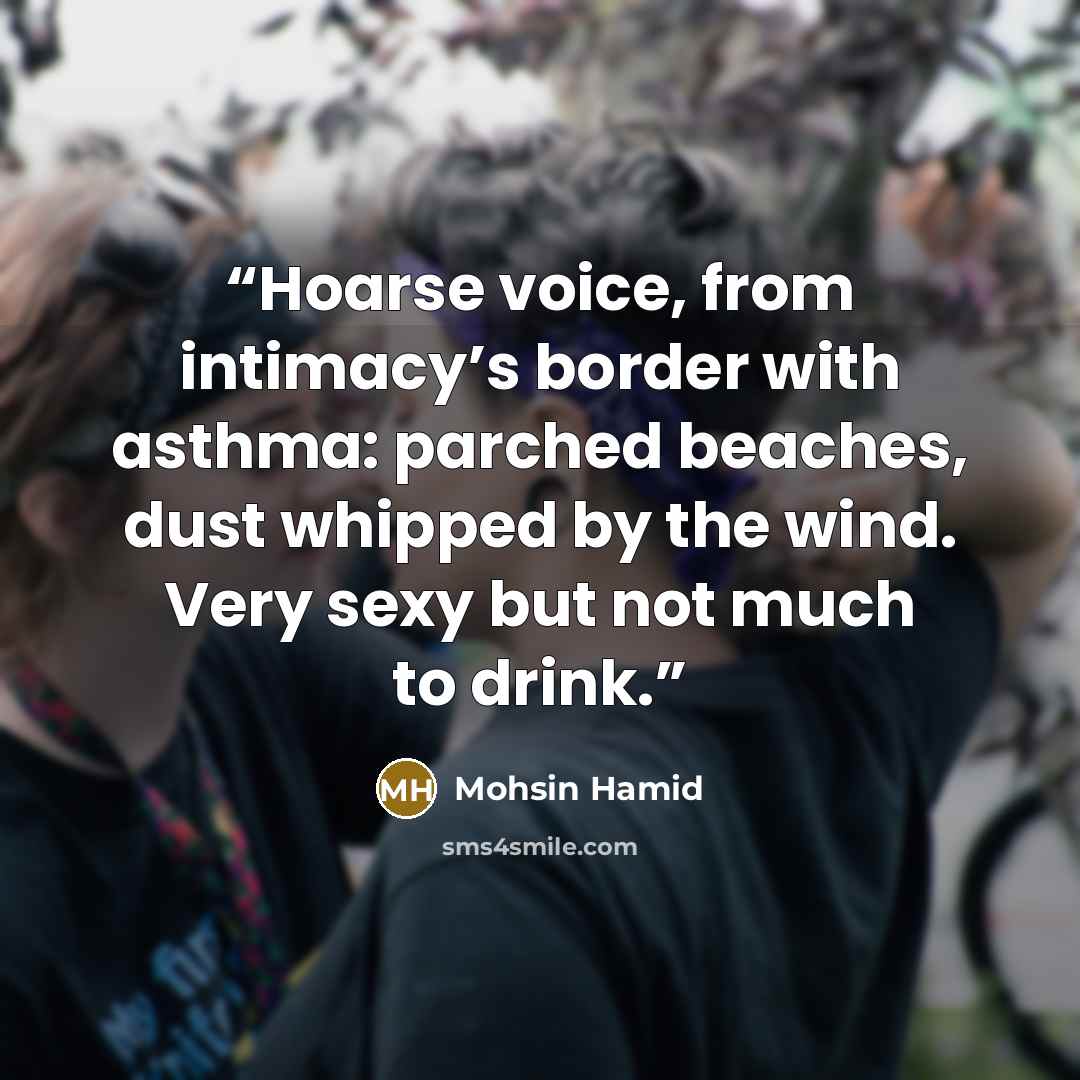 “Hoarse voice, from intimacy’s border with asthma: parched beaches, dust whipped by the wind. Very sexy but not much to drink.” quote by Mohsin Hamid