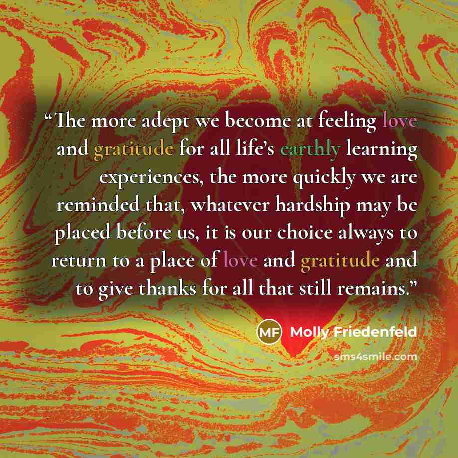 “The more adept we become at feeling love and gratitude for all life’s earthly learning experiences, the more quickly we are reminded that, whatever hardship may be placed before us, it is our choice always to return to a place of love and gratitude and to give thanks for all that still remains.” quote by Molly Friedenfeld
