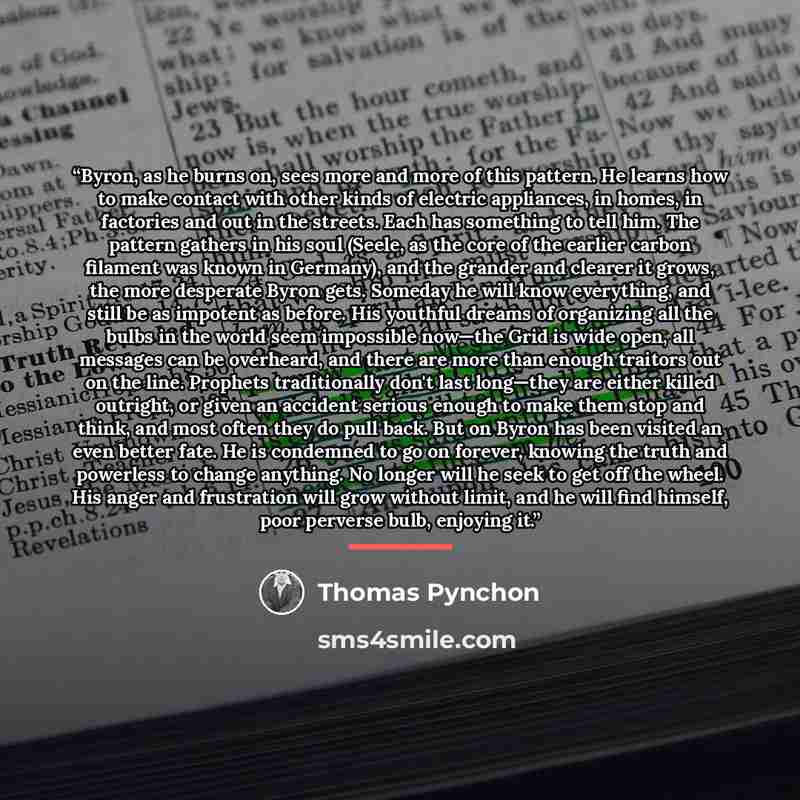 “Byron, as he burns on, sees more and more of this pattern. He learns how to make contact with other kinds of electric appliances, in homes, in factories and out in the streets. Each has something to tell him. The pattern gathers in his soul (Seele, as the core of the earlier carbon filament was…” quote by Thomas Pynchon