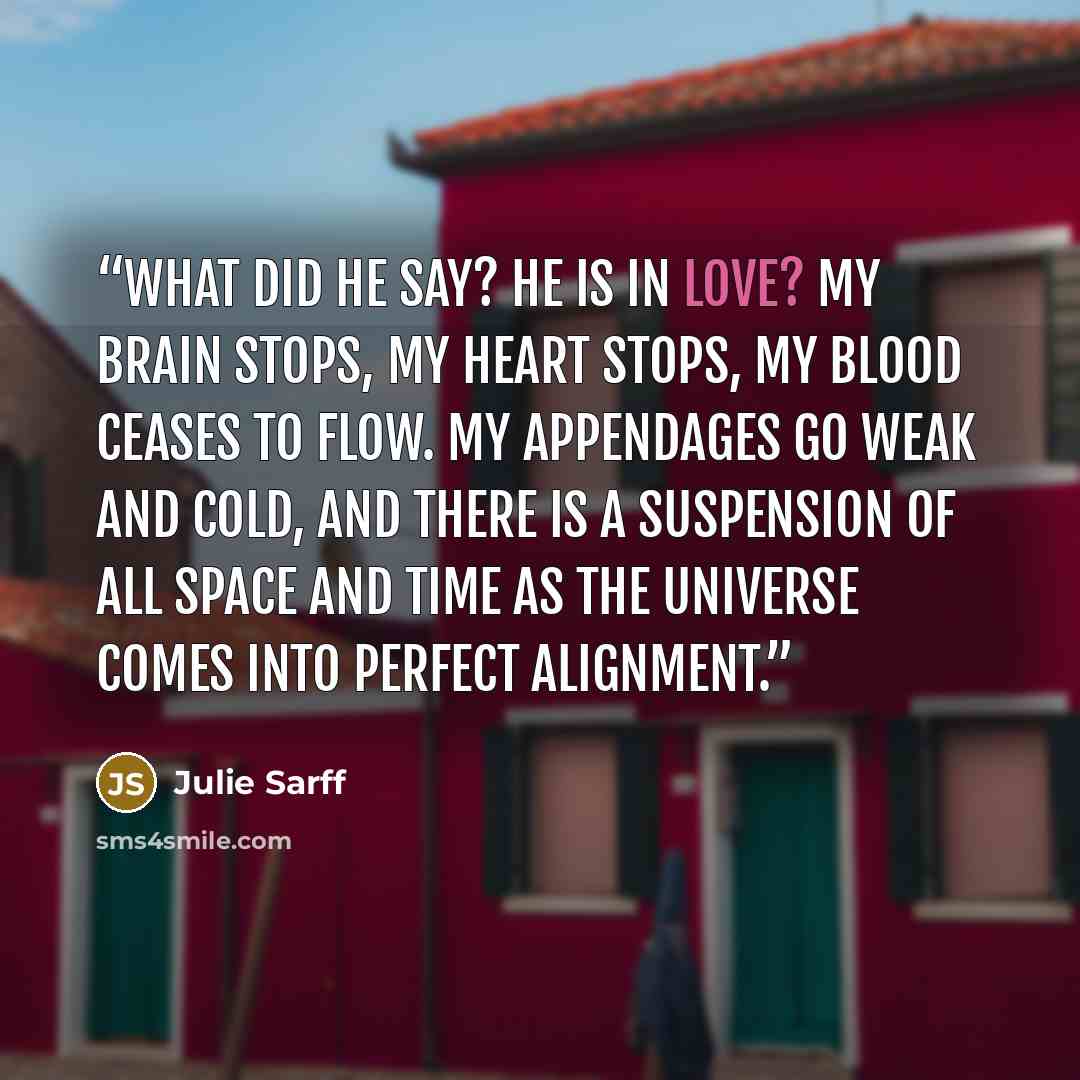 “What did he say? He is in love? My brain stops, my heart stops, my blood ceases to flow. My appendages go weak and cold, and there is a suspension of all space and time as the universe comes into perfect alignment.” quote by Julie Sarff