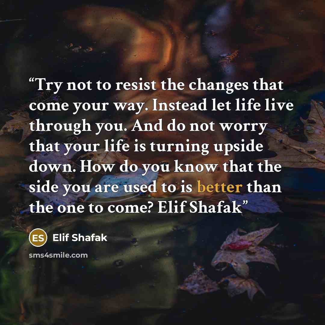“Try not to resist the changes that come your way. Instead let life live through you. And do not worry that your life is turning upside down. How do you know that the side you are used to is better than the one to come? Elif Shafak” quote by Elif Shafak