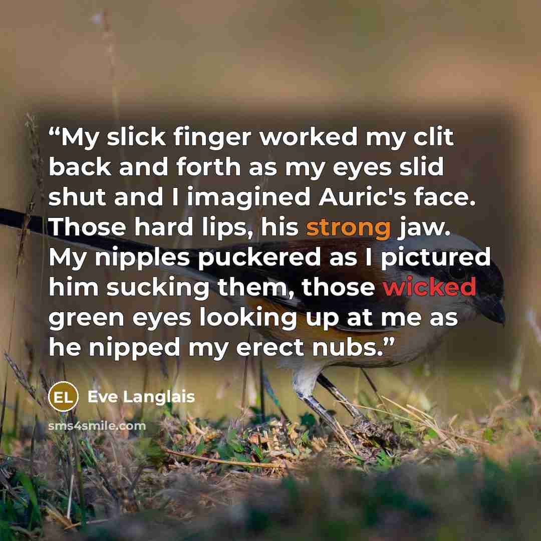 “My slick finger worked my clit back and forth as my eyes slid shut and I imagined Auric's face. Those hard lips, his strong jaw. My nipples puckered as I pictured him sucking them, those wicked green eyes looking up at me as he nipped my erect nubs.” quote by Eve Langlais