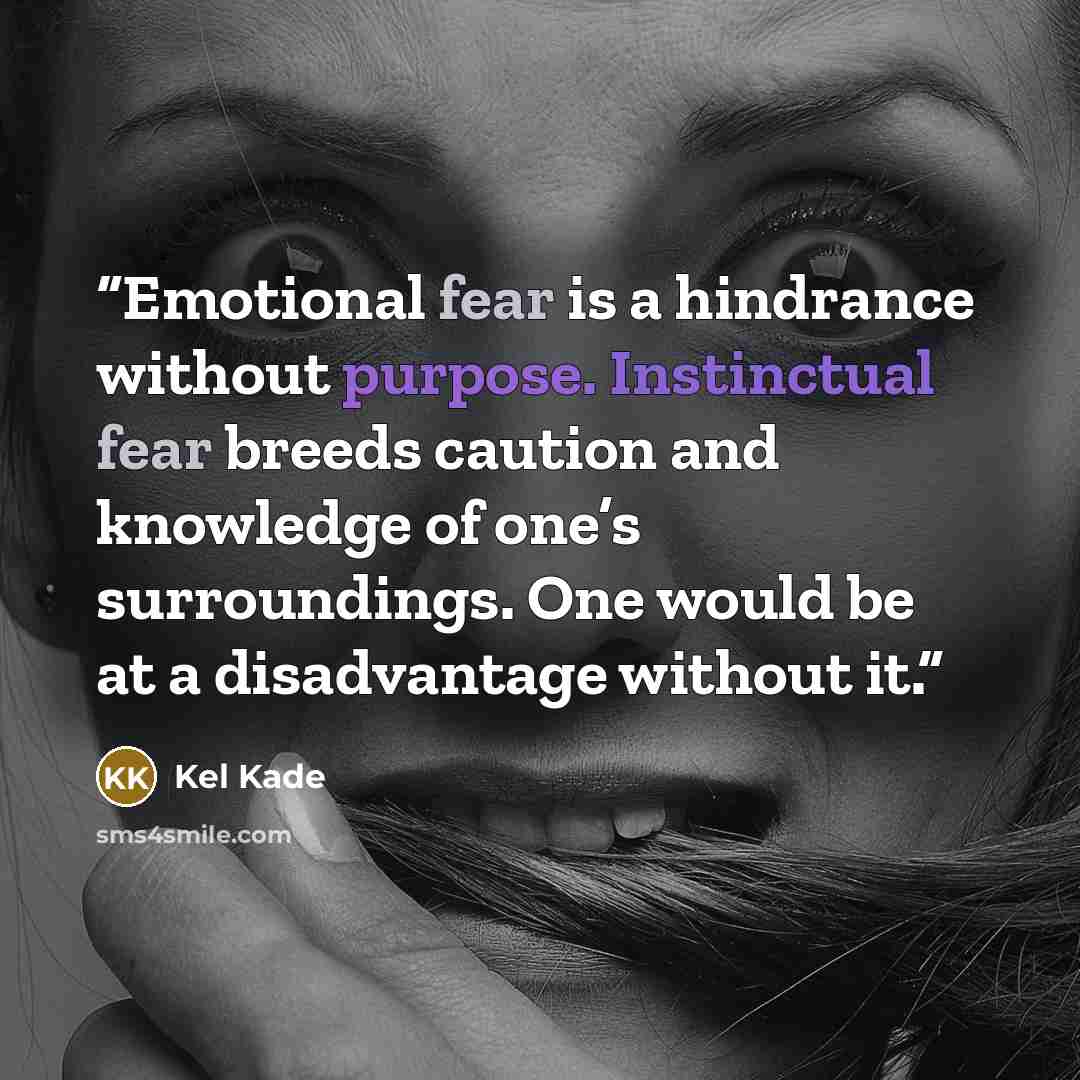 “Emotional fear is a hindrance without purpose. Instinctual fear breeds caution and knowledge of one’s surroundings. One would be at a disadvantage without it.” quote by Kel Kade