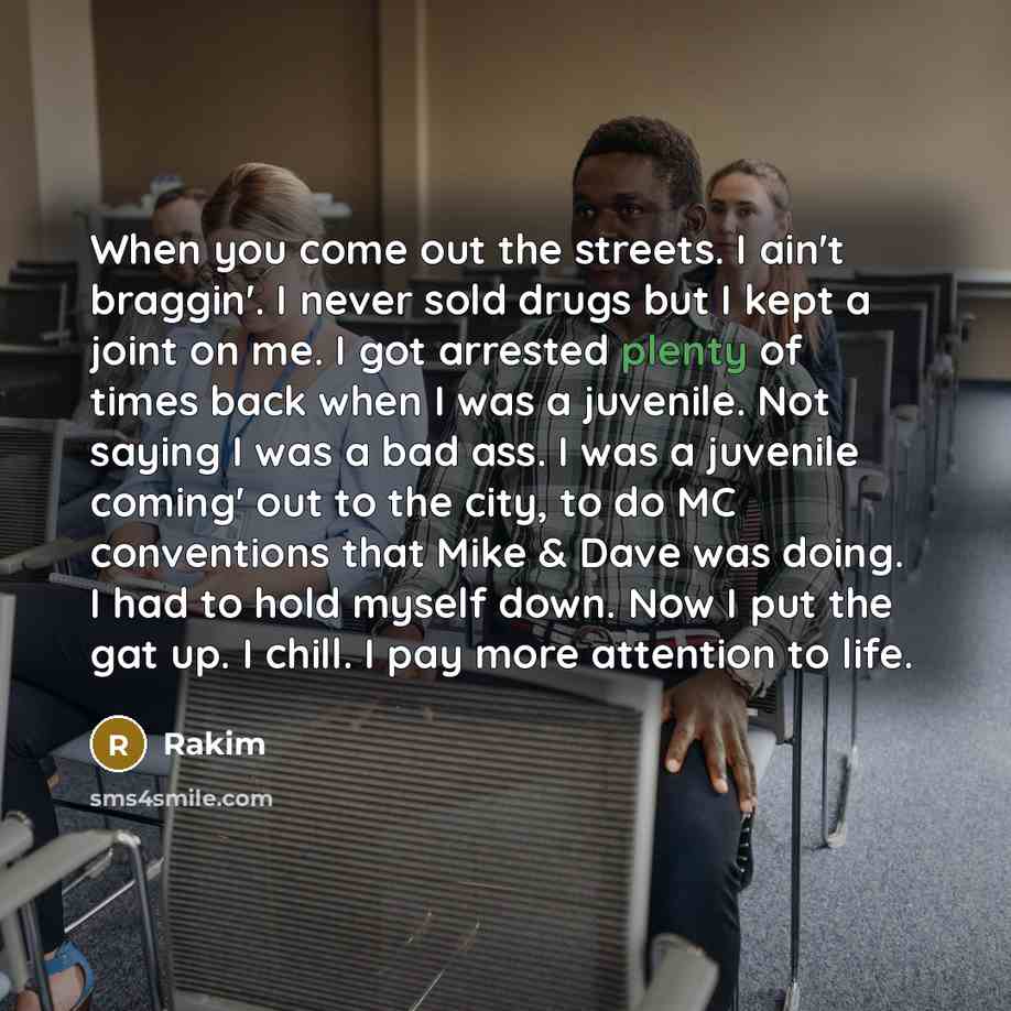 “When you come out the streets. I ain't braggin'. I never sold drugs but I kept a joint on me. I got arrested plenty of times back when I was a juvenile. Not saying I was a bad ass. I was a juvenile coming' out to the city, to do MC conventions that Mike & Dave was doing. I had to hold myself down…” quote by Rakim