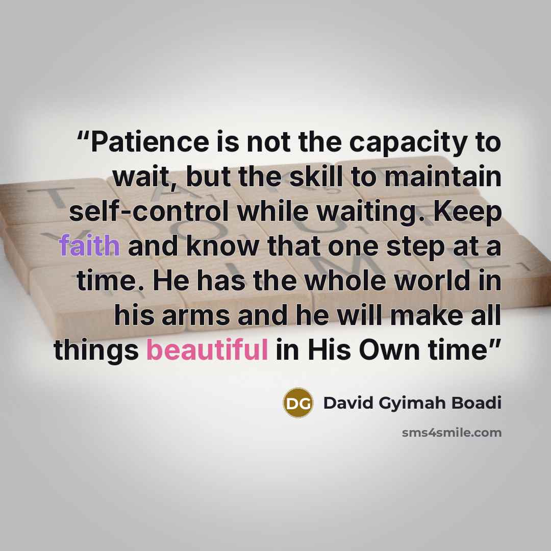 “Patience is not the capacity to wait, but the skill to maintain self-control while waiting. Keep faith and know that one step at a time. He has the whole world in his arms and he will make all things beautiful in His Own time” quote by David Gyimah Boadi