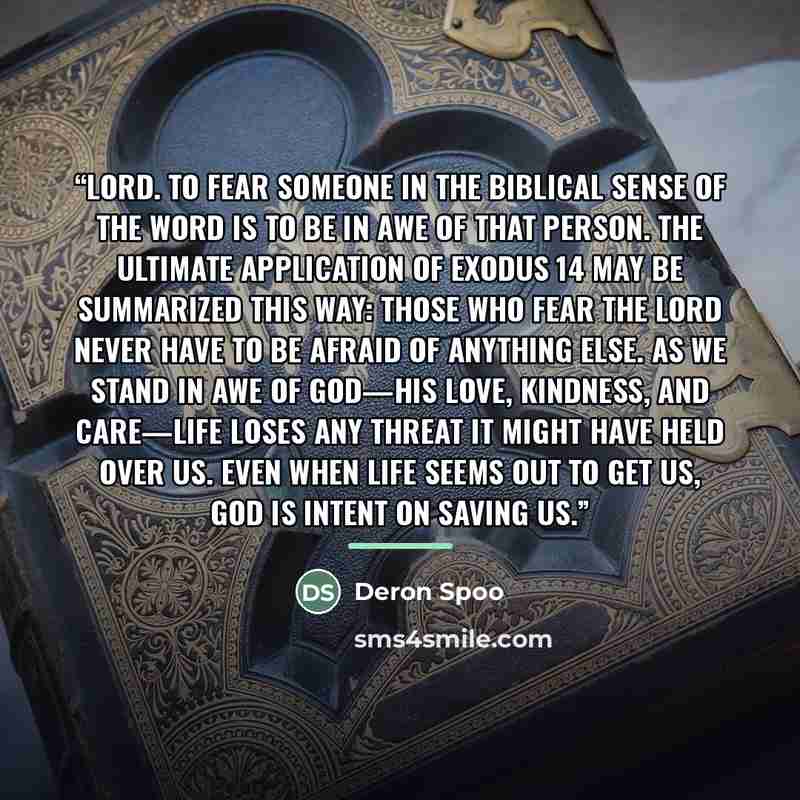 “Lord. To fear someone in the biblical sense of the word is to be in awe of that person. The ultimate application of Exodus 14 may be summarized this way: those who fear the Lord never have to be afraid of anything else. As we stand in awe of God—his love, kindness, and care—life loses any threat…” quote by Deron Spoo